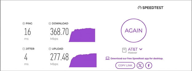 verified speed test result from an Xfinity Internet user in Hoover, AL
