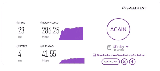 verified speed test result from an Xfinity Internet user in Houston, TX