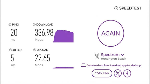 verified speed test result from a Spectrum user in Huntington Beach, CA