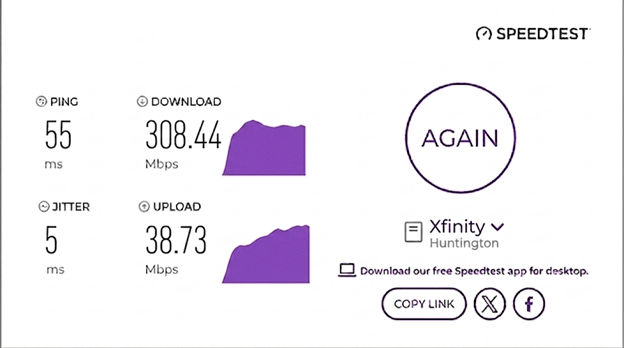 verified speed test result from an Xfinity user in Huntington, WV