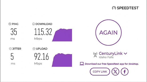verified speed test result from a CenturyLink user in Idaho Falls, ID