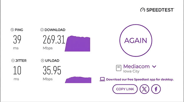 verified speed test result from a Mediacom Internet user in Iowa City, IA