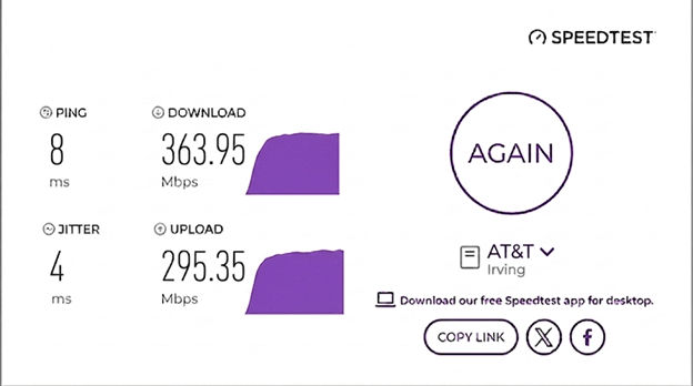 verified speed test result from an AT&T Fiber user in Irving, TX