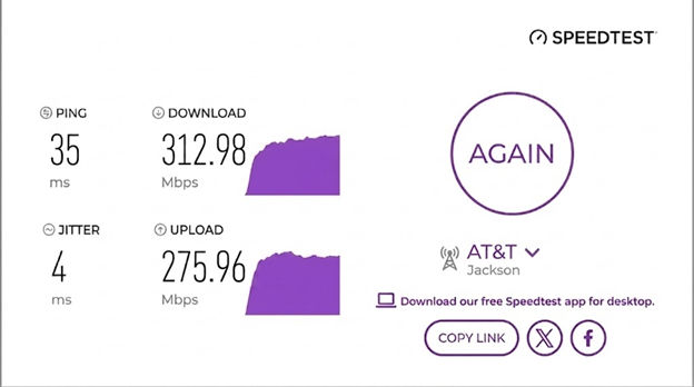 verified speed test result from an AT&T internet user in Jackson, MS