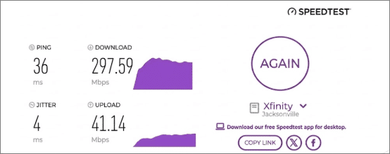 verified speed test result from an Xfinity Internet user in Jacksonville, FL