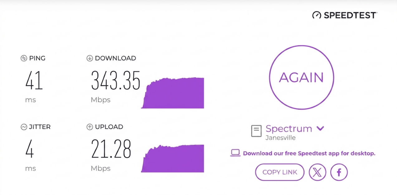 verified speed test result from a Spectrum Internet user in Janesville, WI