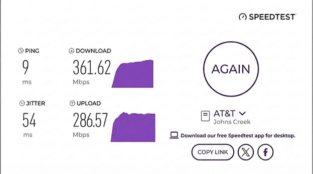 verified speed test from an AT&T Fiber user in Johns Creek, Georgia