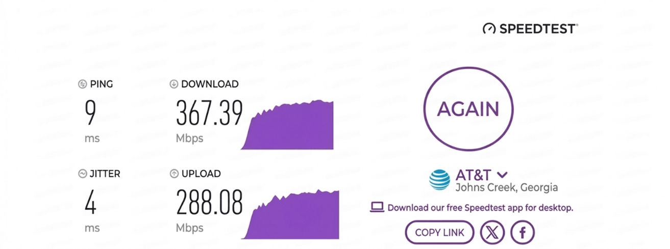 verified speed test result from an AT&T Internet user in Johns Creek, GA