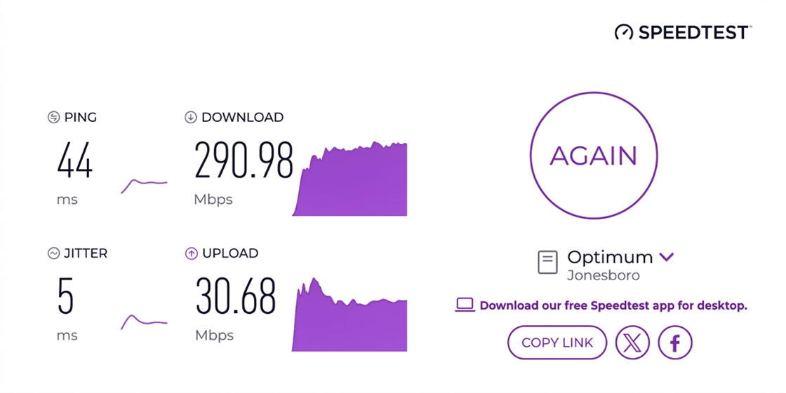 verified speed test result from an Optimum user in Jonesboro, AR