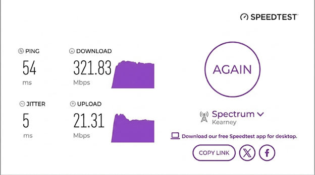 verified speed test result from a Spectrum user in Kearney, NE