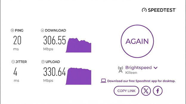 verified speed test result of a Brightspeed user in Killeen, TX