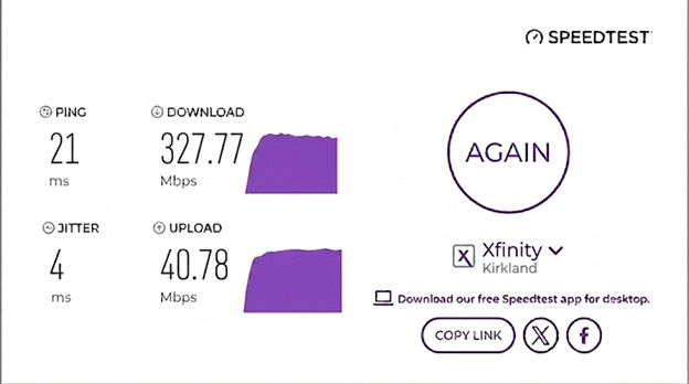 verified speed test from an Xfinity user in  Kirkland, WA