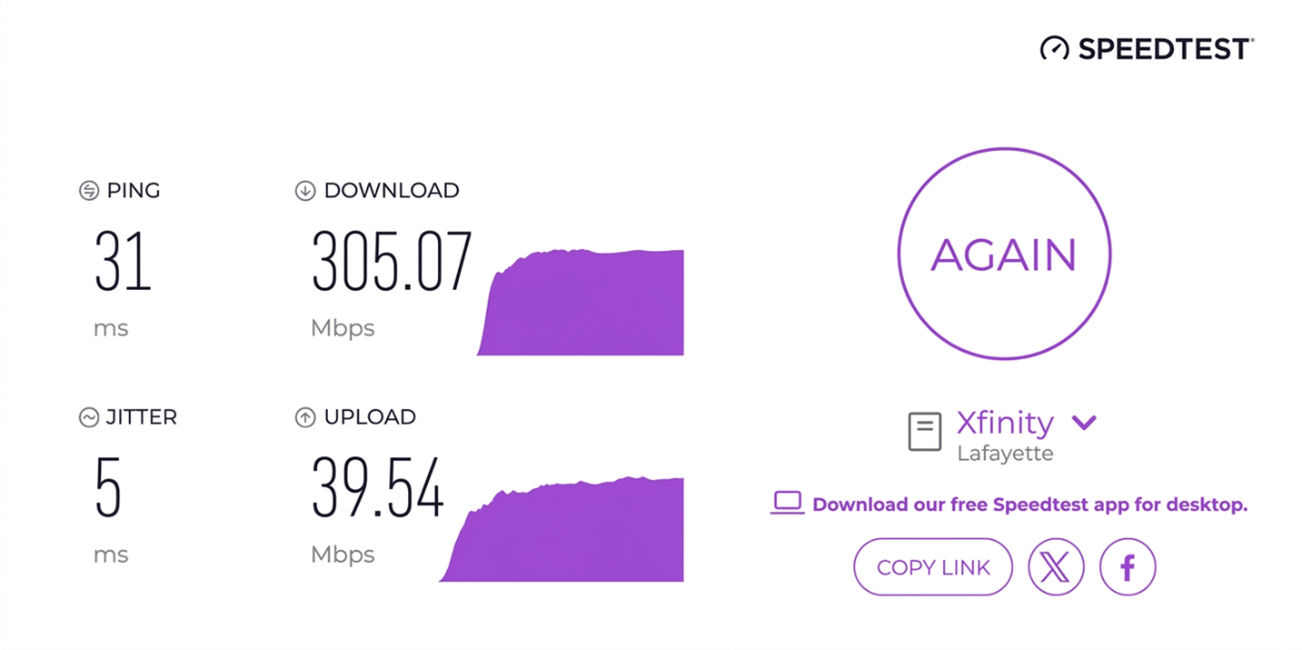 verified speed test result from a Xfinity user in Lafayette, IN