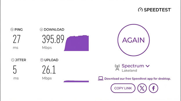 verified speed test result of a Spectrum user in Lakeland, FL