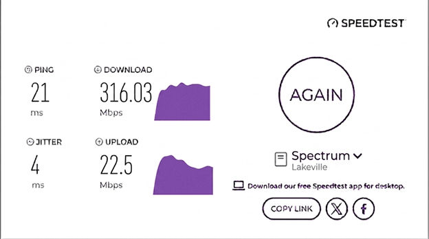 verified speed test result from a Spectrum Internet user in Lakeville, MN