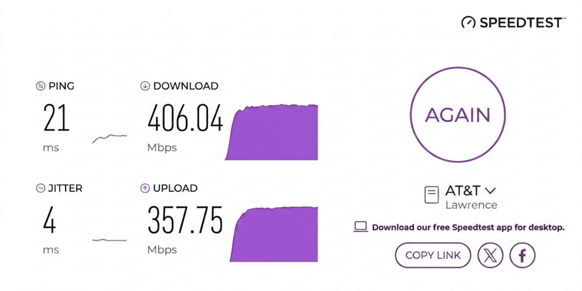 verified speed test result from an AT&T Fiber user in Lawrence, KS