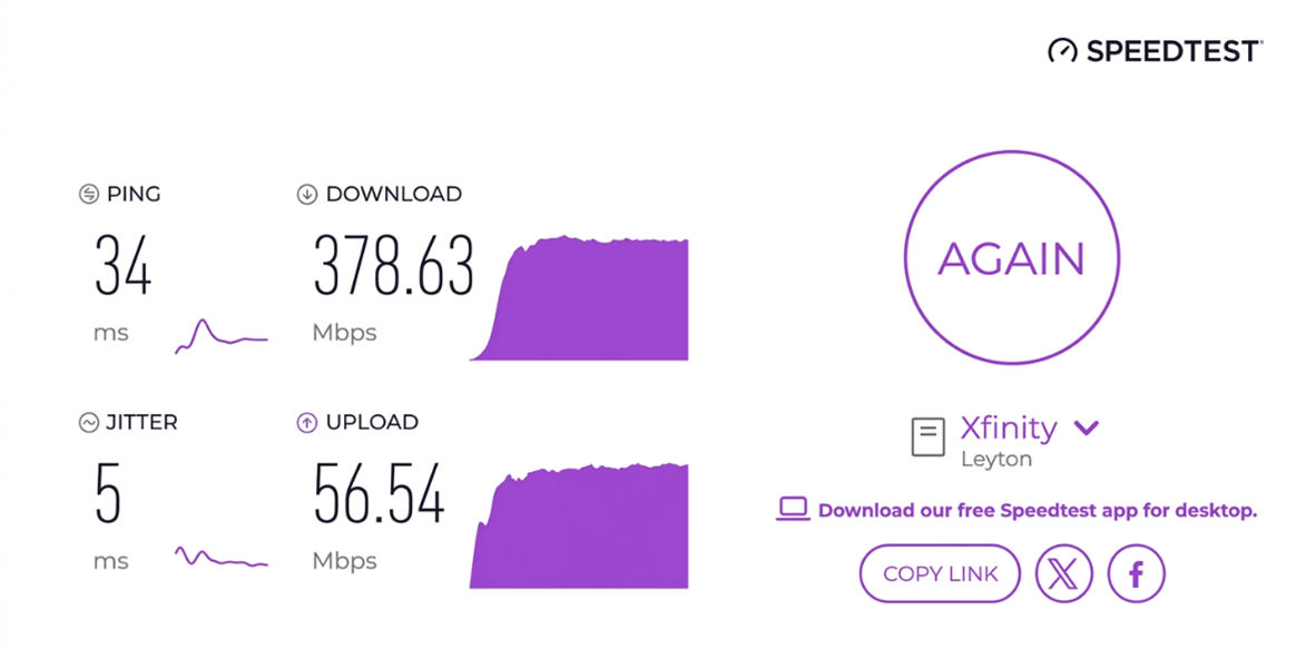 verified speed test result from an Xfinity user in Layton, UT