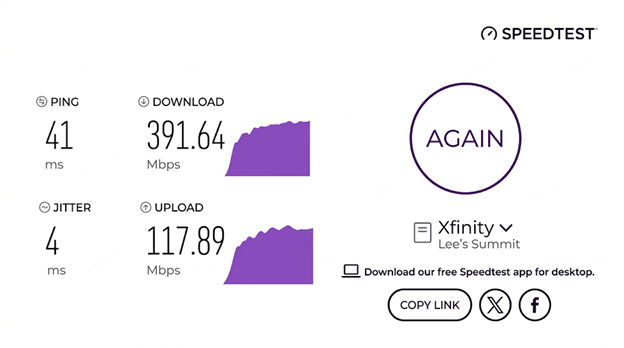verified speed test result from an Xfinity user in Lee's Summit, MO
