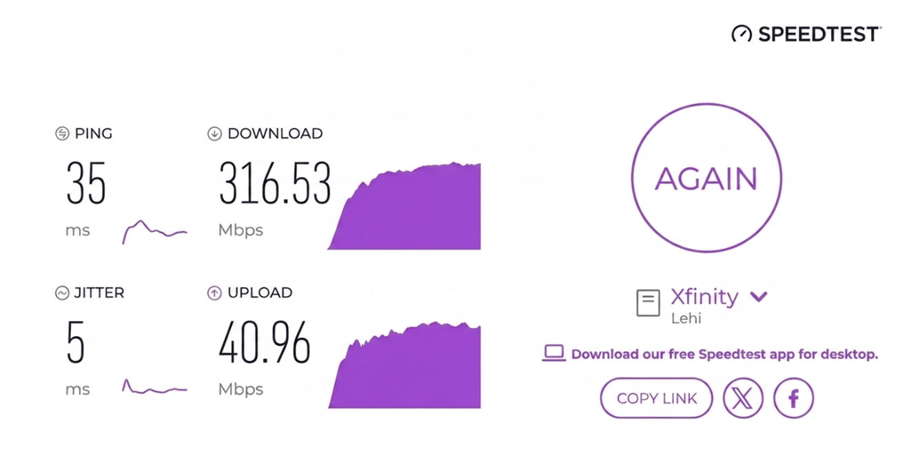 verified speed test result from a Xfinity user in Lehi, UT