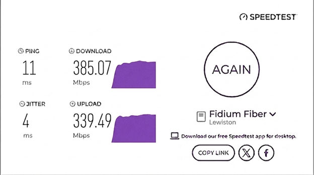 verified speed test result from a Fidium user in Lewiston, ME