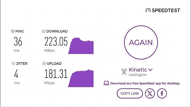 verified speed test result from a Kinetic Fiber internet user in Lexington, KY