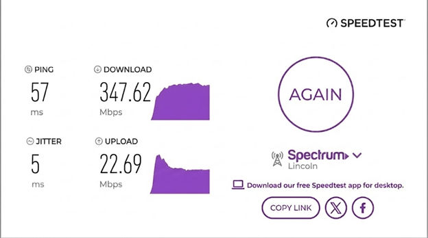 verified speed test result from a Spectrum cable internet user in Lincoln, Nebraska