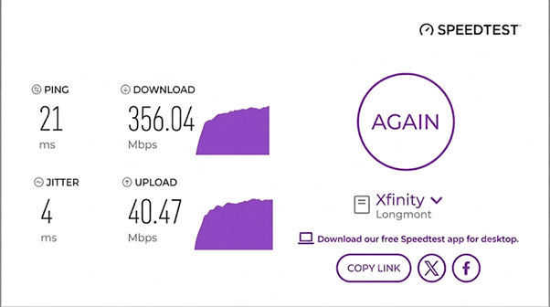 verified speed test result from an Mediacom user in Longmont, CO