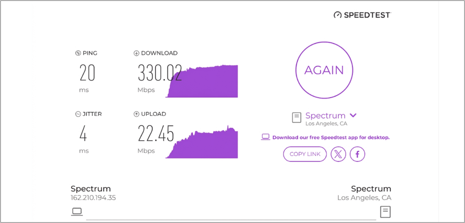 Verified speed test results from a user in Los Angeles using Spectrum Internet