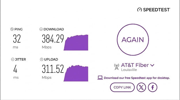 verified speed test result from an AT&T Fiber user in Louisville, KY