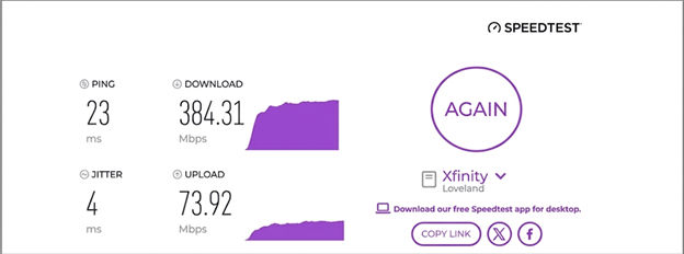 verified speed test result from an AT&T Fiber user in Loveland, CO