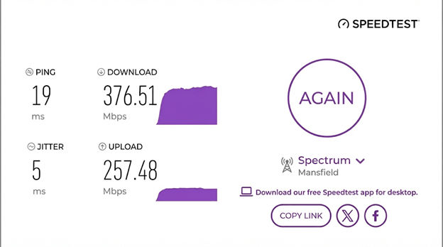 verified speed test result from a a Spectrum user in Mansfield, TX