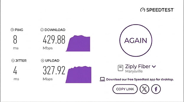 verified speed test result from a Ziply Fiber user in Marysville, WA