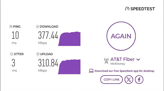 verified speed test result of an AT&T Fiber user in McKinney, TX