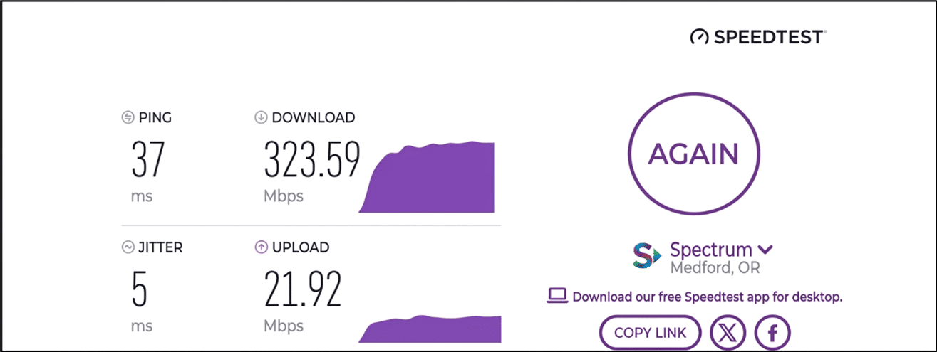 verified speed test result from a Spectrum user in Medford, OR