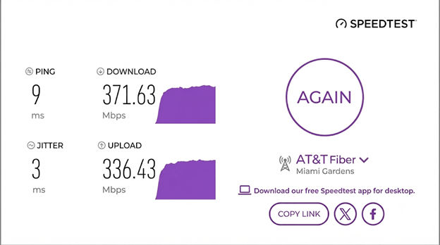 verified speed test result from an AT&T Fiber user in Miami Gardens, FL