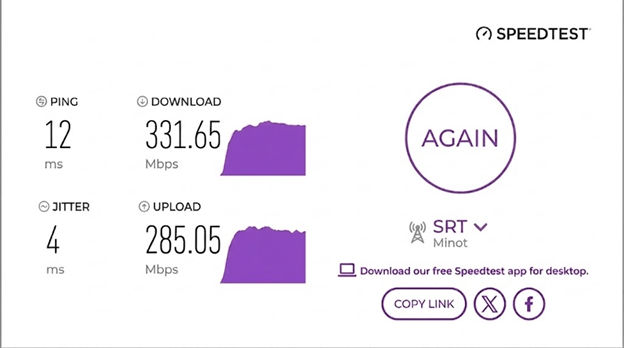 verified speed test result from an SRT Internet user in Minot, ND
