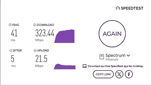 verified speed test result from a Spectrum user in Missoula, MT