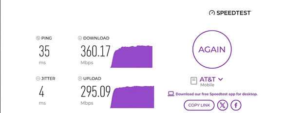 verified speed test result from an AT&T fiber user in Mobile, AL