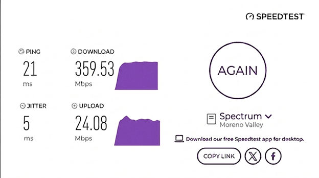 verified speed test from a Spectrum user in Moreno Valley