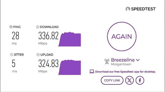 verified speed test result from a Breezeline user in Morgantown, WV