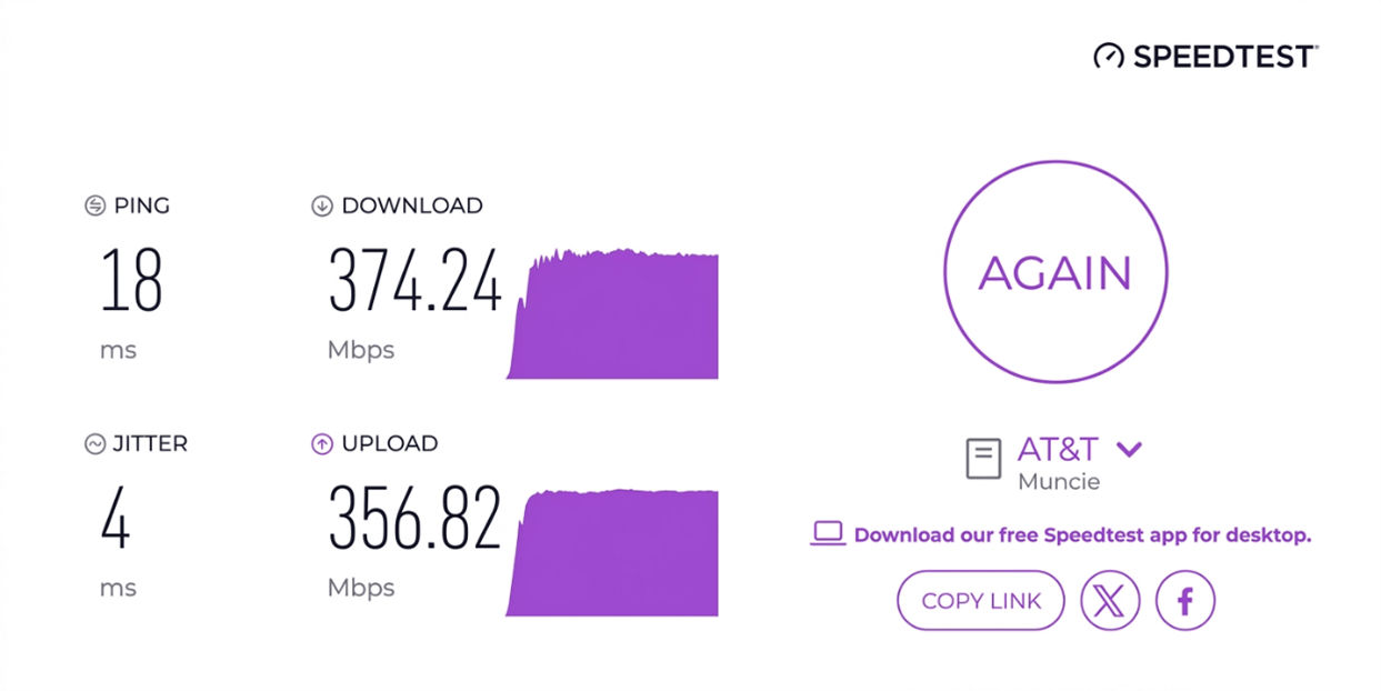 verified speed test result from an AT&T Fiber user in Muncie, IN