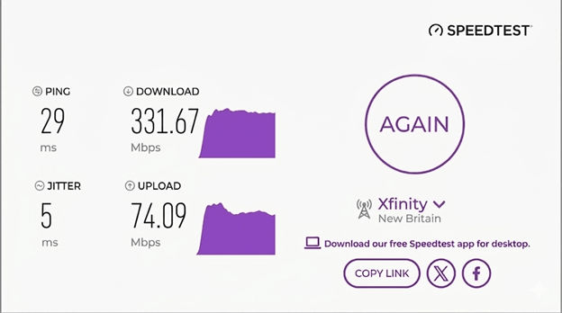verified speed test result from an Xfinity Internet user in New Britain, CT