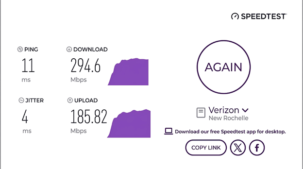 verified speed test result from a Verizon Fios Internet user in New Rochelle, NY