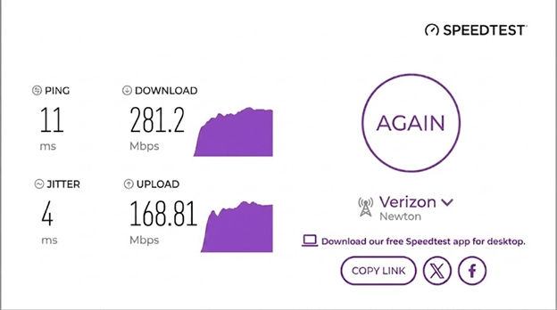 verified speed test result from a Verizon user in Newton, MA