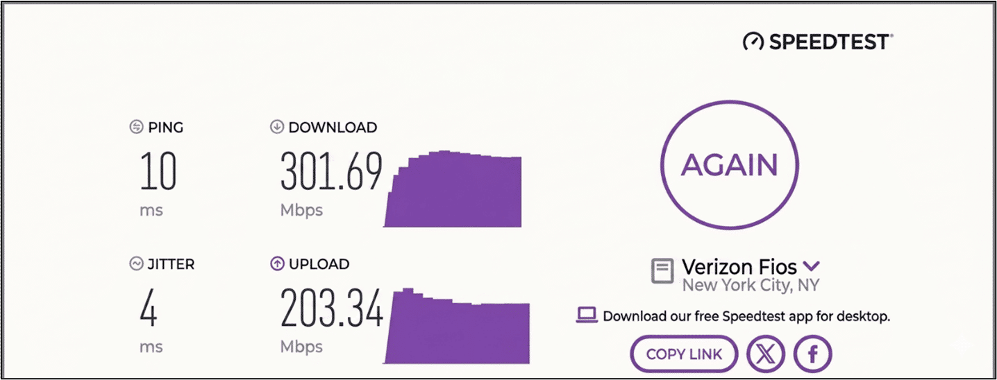 verified speed test result from a Verizon Fios user in New York City, NY