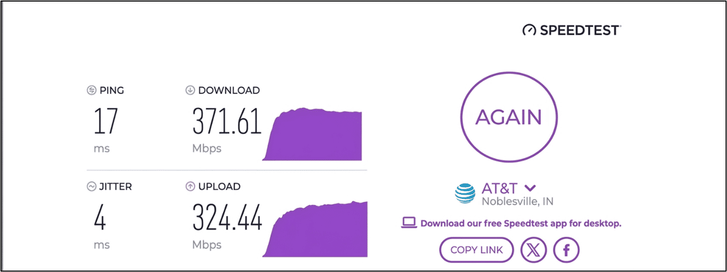 verified speed test result from an AT&T user in Noblesville, IN