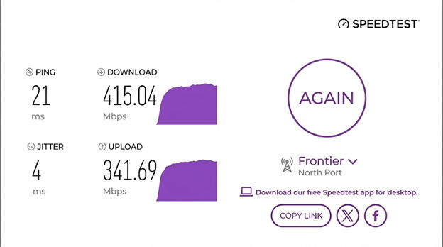 verified speed test result of a Frontier user in North Port, FL