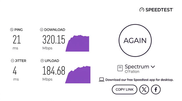 verified speed test result from a Spectrum user in O'Fallon, MO