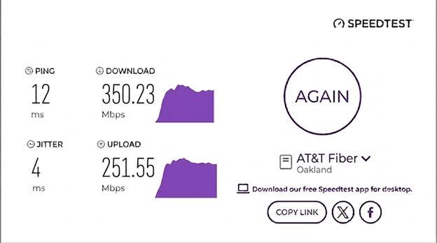 verified speed test result from an AT&T Fiber user in Oakland, CA
