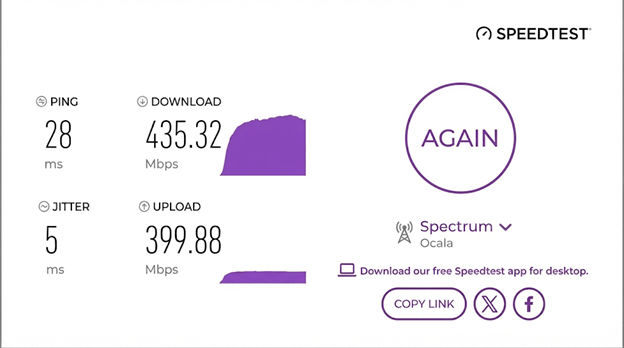 verified speed test result from a a Spectrum user in Ocala, FL